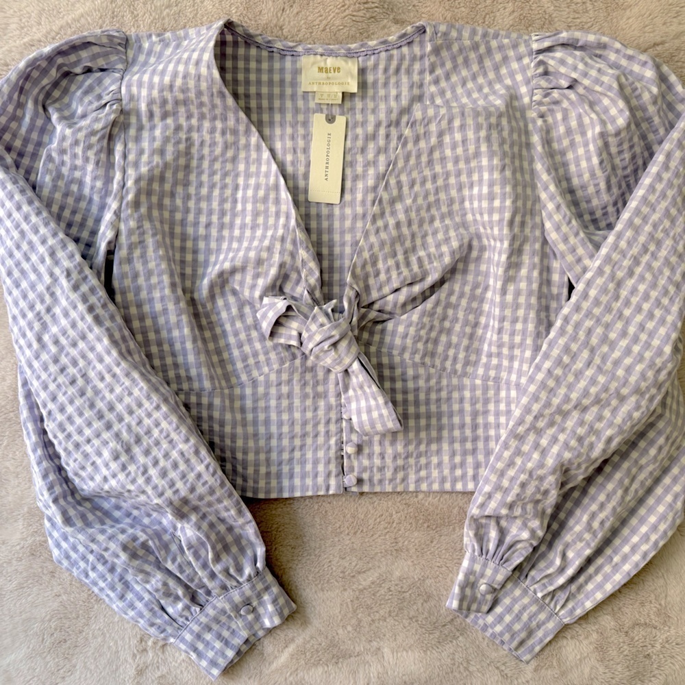 NWT Anthropologie Maeve Cropped Gingham Blouse Lilac Lavender Size 8 - Picture 2 of 9